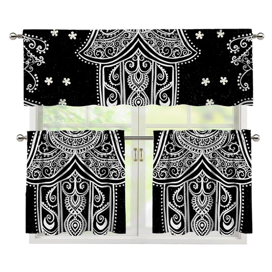 Black And White Hamsa Print 3 Piece Kitchen Curtains