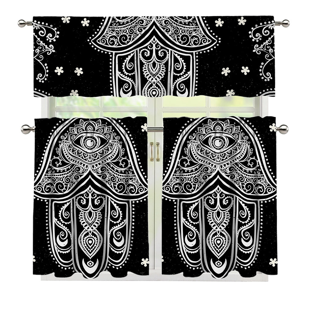 Black And White Hamsa Print 3 Piece Kitchen Curtains