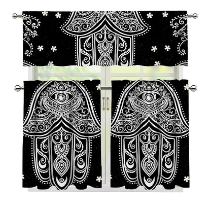 Black And White Hamsa Print 3 Piece Kitchen Curtains