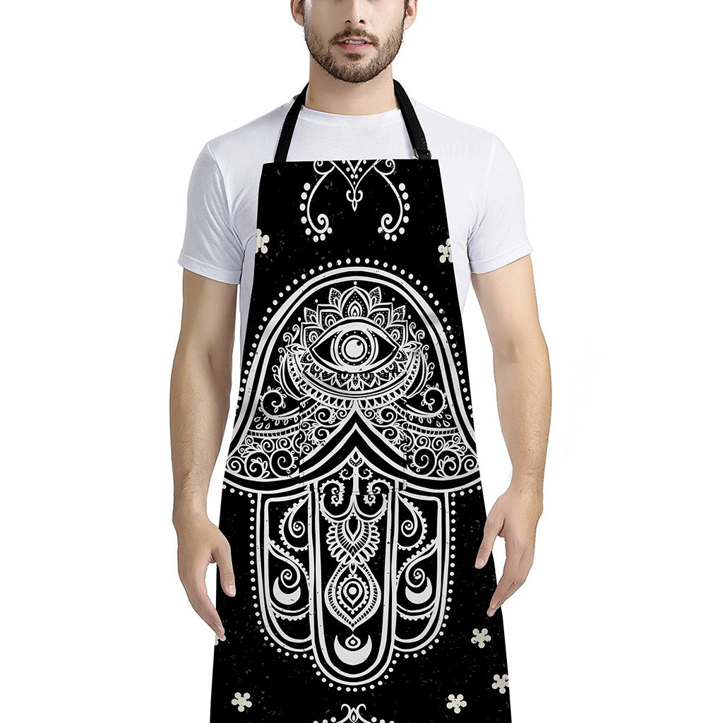 Black And White Hamsa Print Bib Apron With Pocket