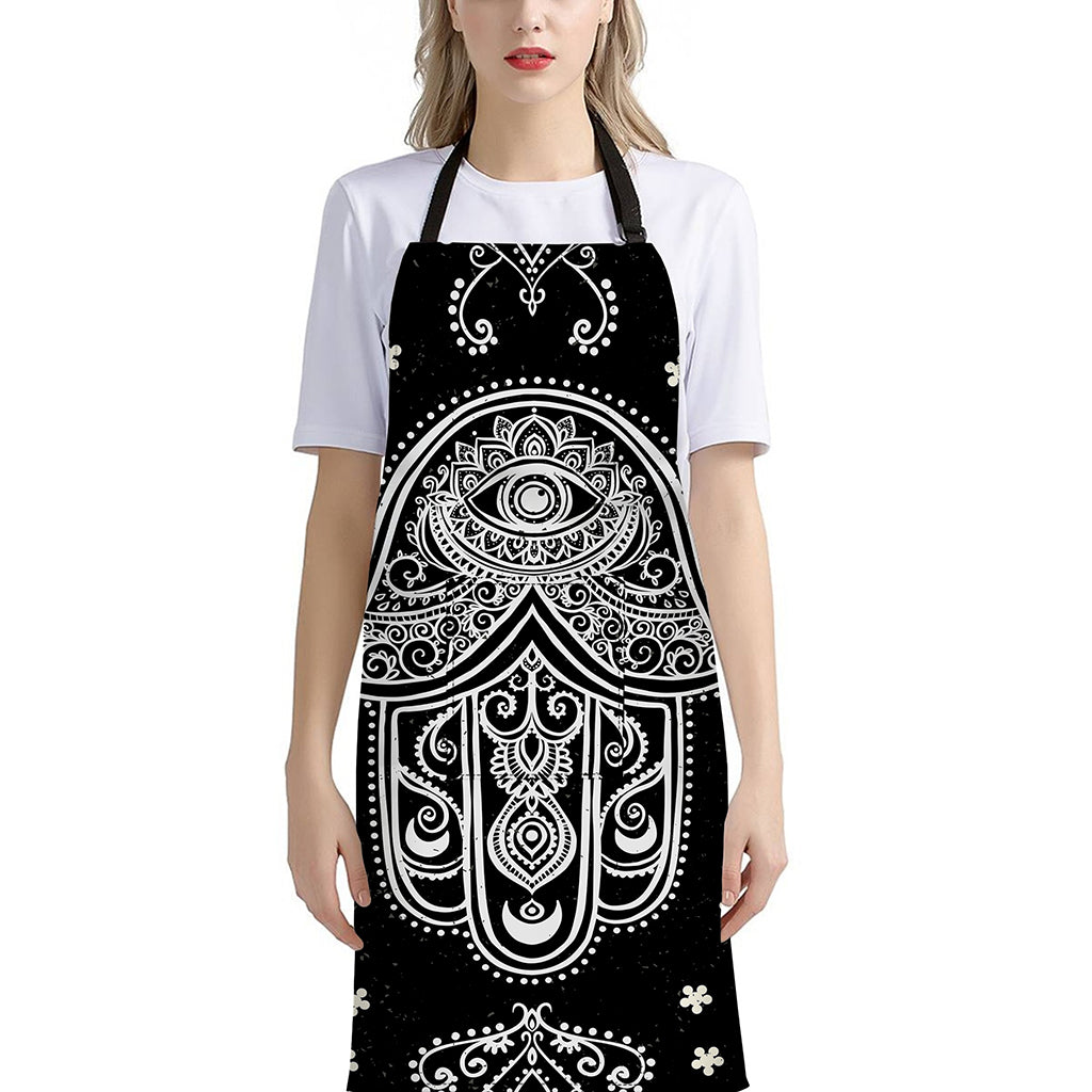 Black And White Hamsa Print Bib Apron With Pocket