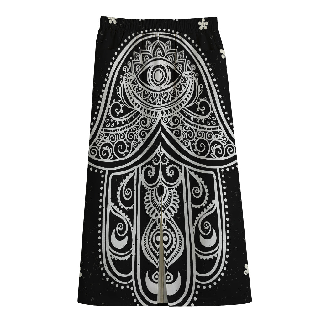 Black And White Hamsa Print Cotton Front Slit Maxi Skirt