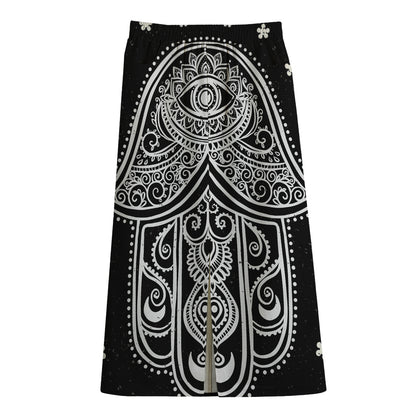 Black And White Hamsa Print Cotton Front Slit Maxi Skirt