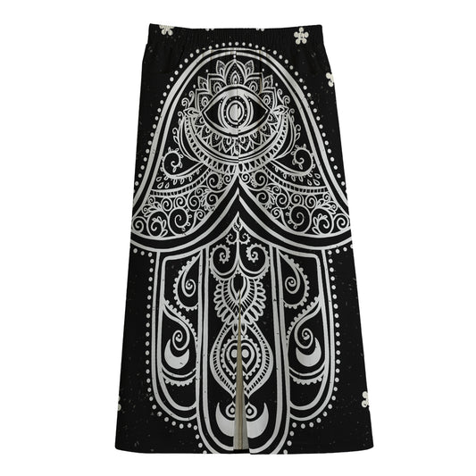 Black And White Hamsa Print Cotton Front Slit Maxi Skirt
