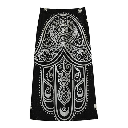 Black And White Hamsa Print Cotton Front Slit Maxi Skirt