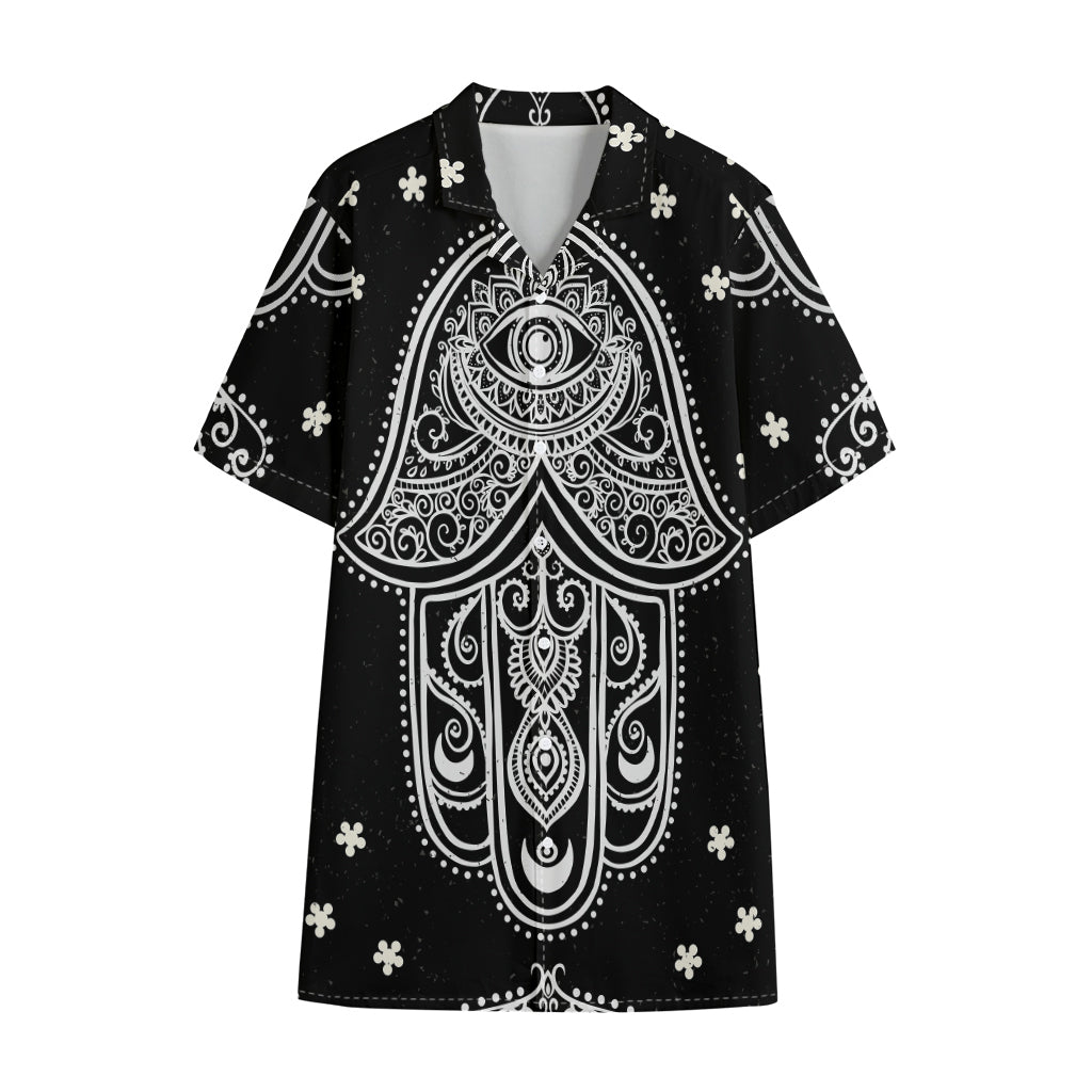 Black And White Hamsa Print Cotton Hawaiian Shirt