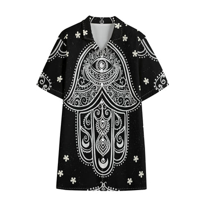 Black And White Hamsa Print Cotton Hawaiian Shirt
