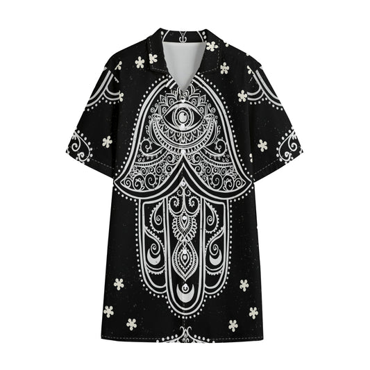 Black And White Hamsa Print Cotton Hawaiian Shirt
