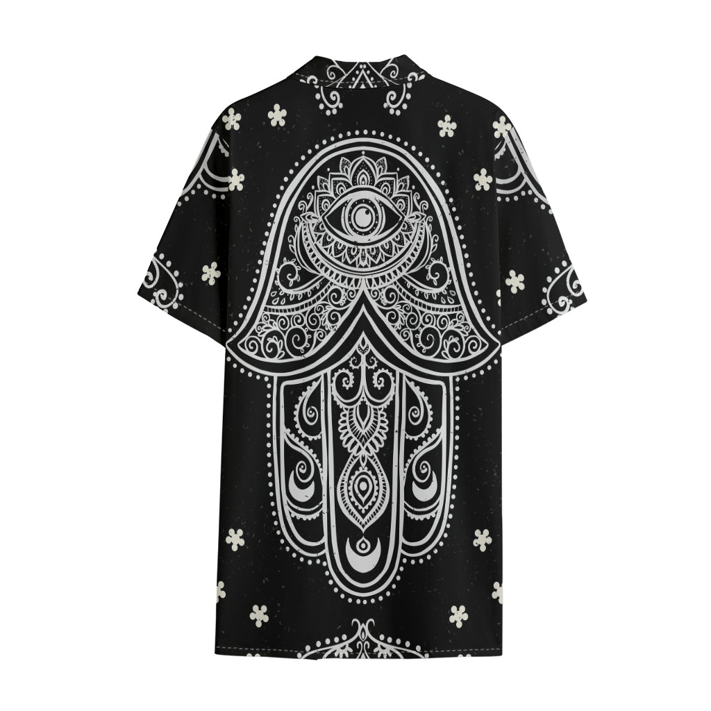 Black And White Hamsa Print Cotton Hawaiian Shirt