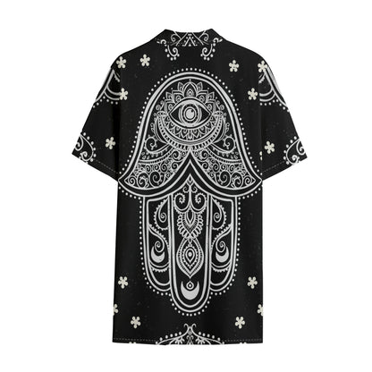 Black And White Hamsa Print Cotton Hawaiian Shirt