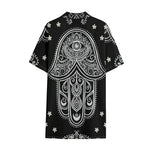 Black And White Hamsa Print Cotton Hawaiian Shirt