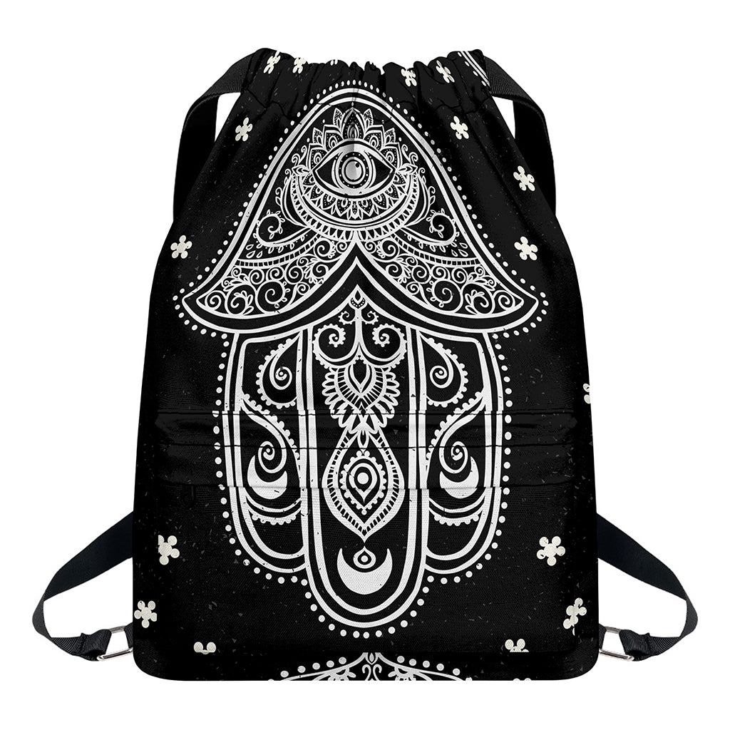 Black And White Hamsa Print Drawstring Backpack