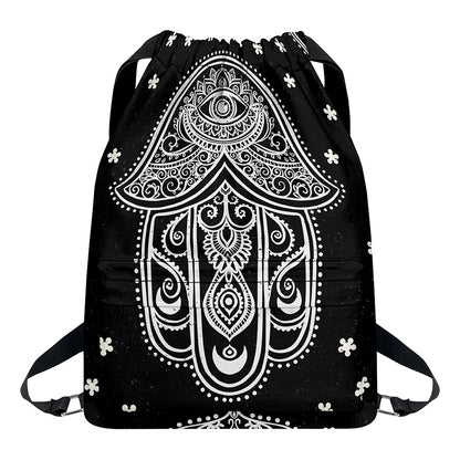 Black And White Hamsa Print Drawstring Backpack