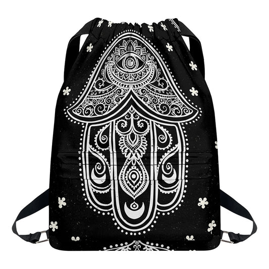 Black And White Hamsa Print Drawstring Backpack