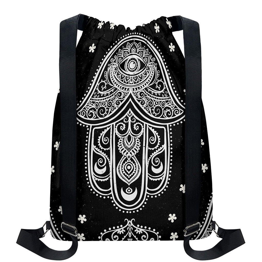 Black And White Hamsa Print Drawstring Backpack