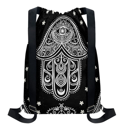 Black And White Hamsa Print Drawstring Backpack