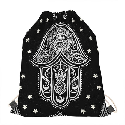 Black And White Hamsa Print Drawstring Bag