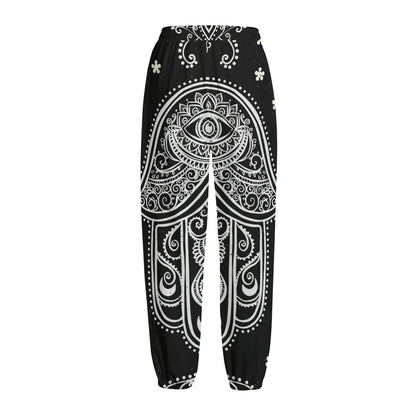 Black And White Hamsa Print Fleece Lined Knit Pants