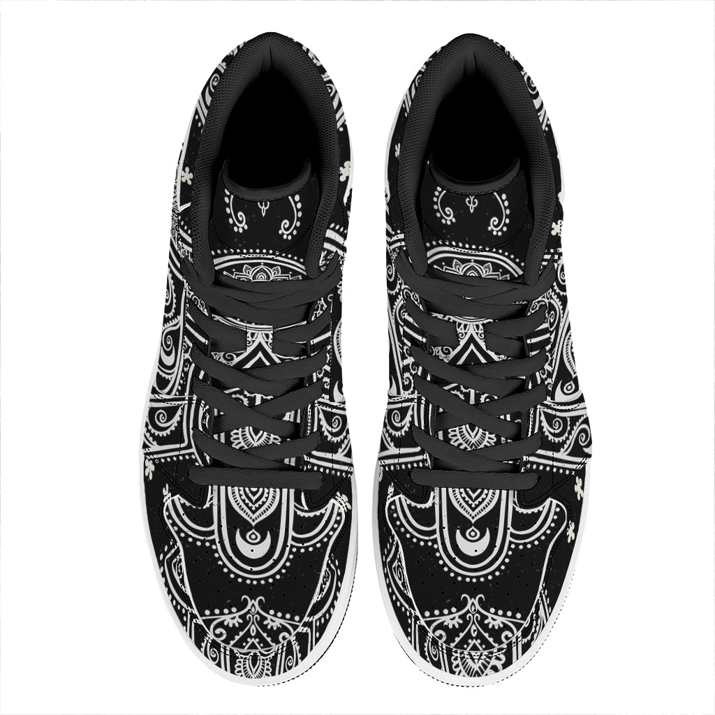 Black And White Hamsa Print High Top Leather Sneakers
