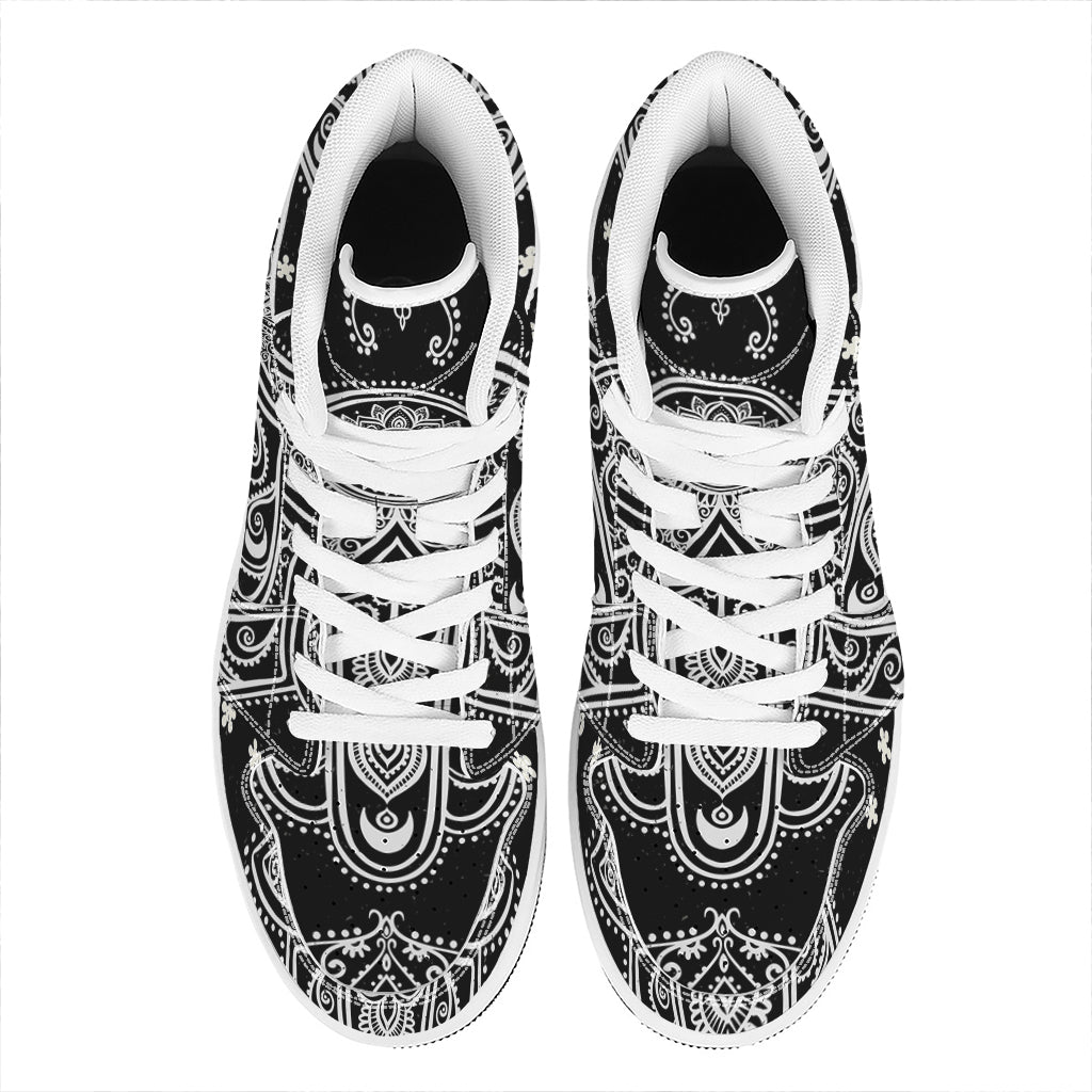 Black And White Hamsa Print High Top Leather Sneakers