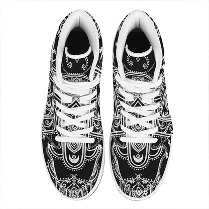 Black And White Hamsa Print High Top Leather Sneakers