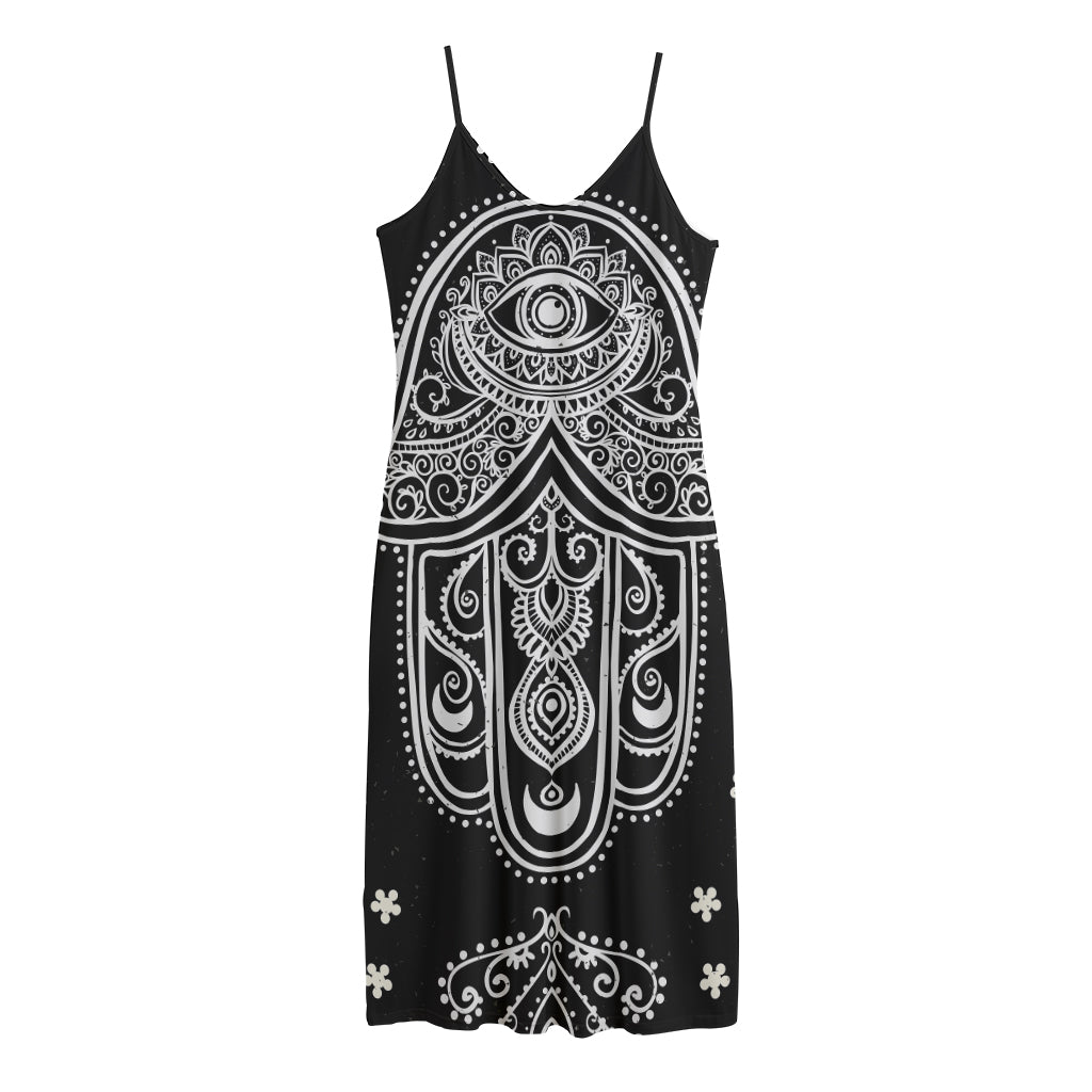 Black And White Hamsa Print Jersey Midi Cami Dress