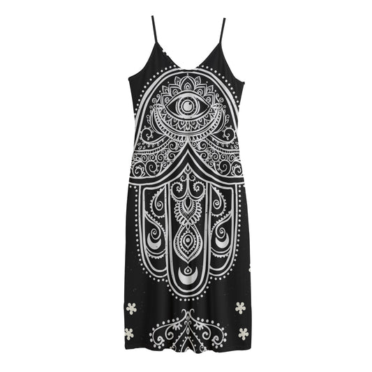 Black And White Hamsa Print Jersey Midi Cami Dress