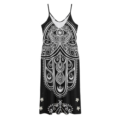 Black And White Hamsa Print Jersey Midi Cami Dress