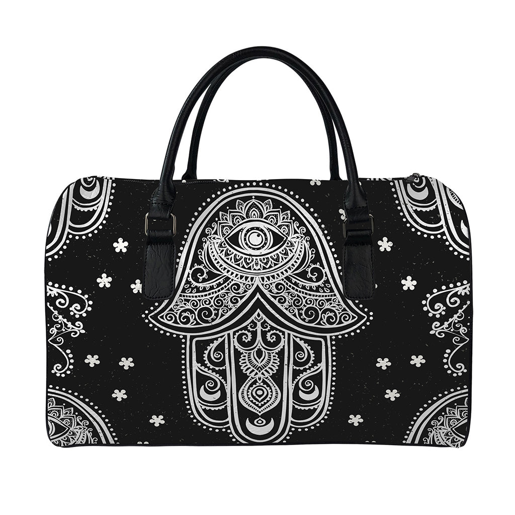Black And White Hamsa Print Leather Duffle Bag
