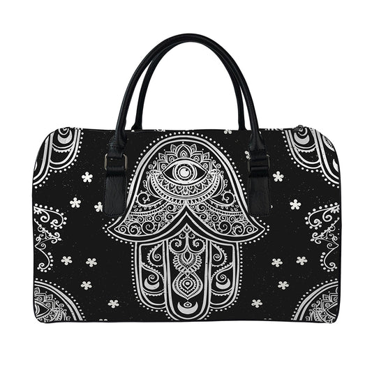 Black And White Hamsa Print Leather Duffle Bag