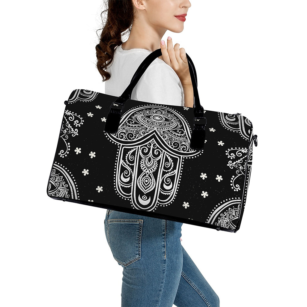 Black And White Hamsa Print Leather Duffle Bag
