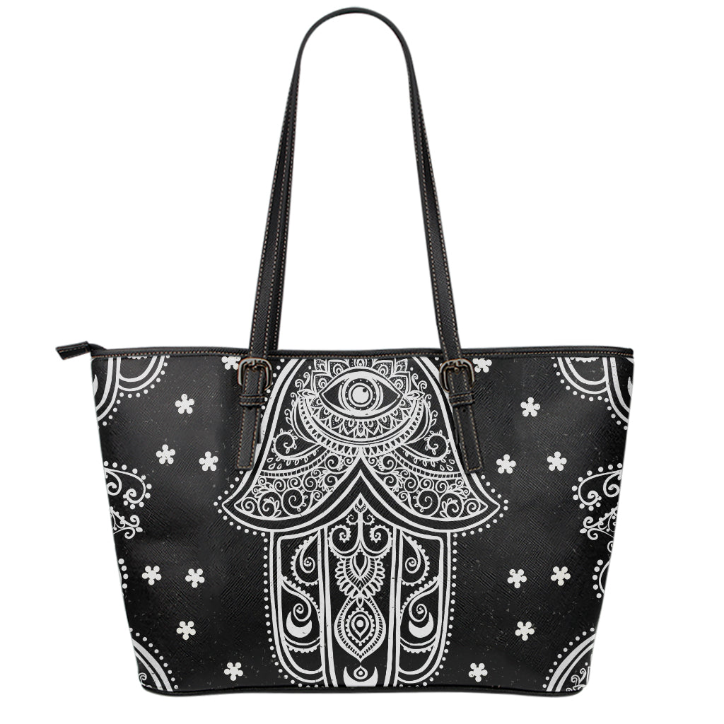 Black And White Hamsa Print Leather Tote Bag