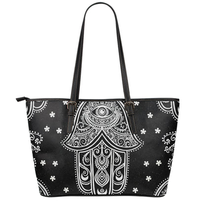 Black And White Hamsa Print Leather Tote Bag