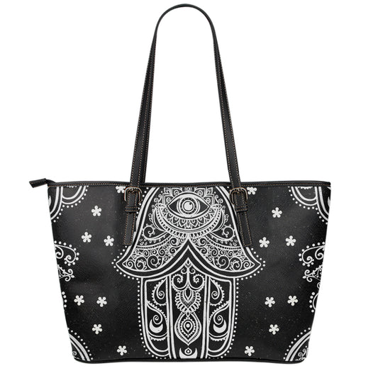 Black And White Hamsa Print Leather Tote Bag