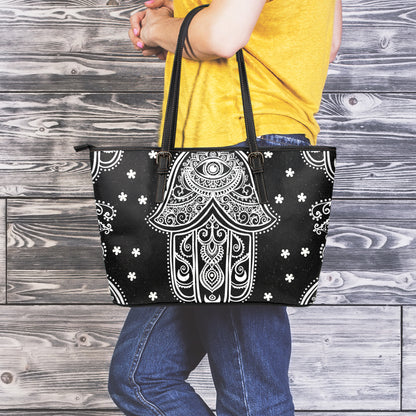 Black And White Hamsa Print Leather Tote Bag