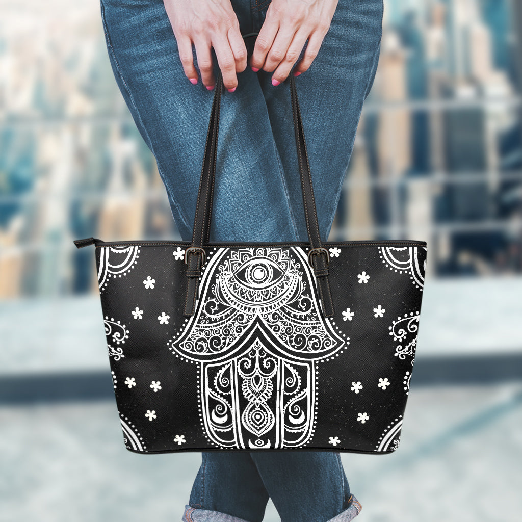 Black And White Hamsa Print Leather Tote Bag