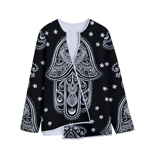 Black And White Hamsa Print Long Sleeve Short Coat