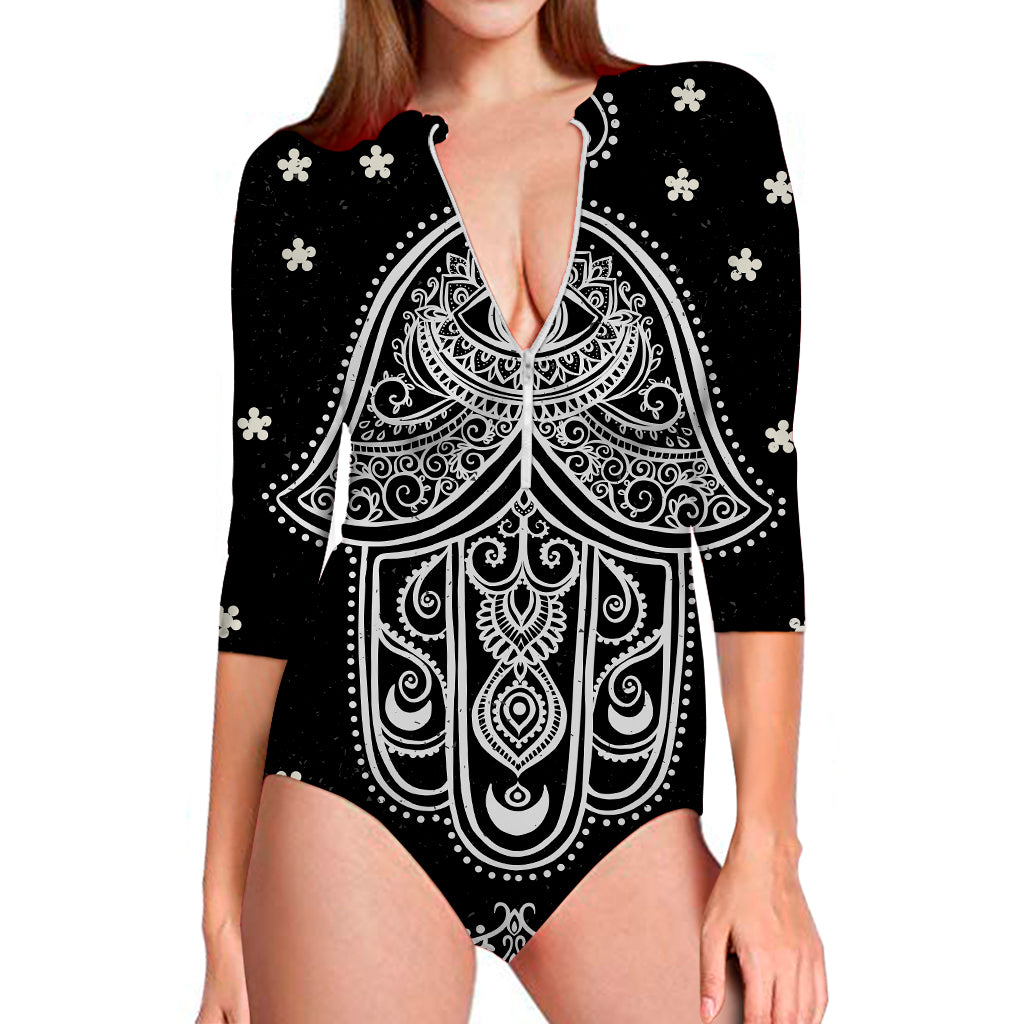 Black And White Hamsa Print Long Sleeve Swimsuit