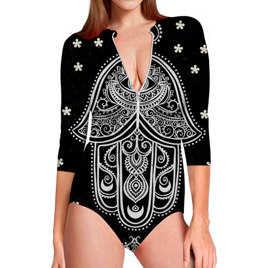 Black And White Hamsa Print Long Sleeve Swimsuit