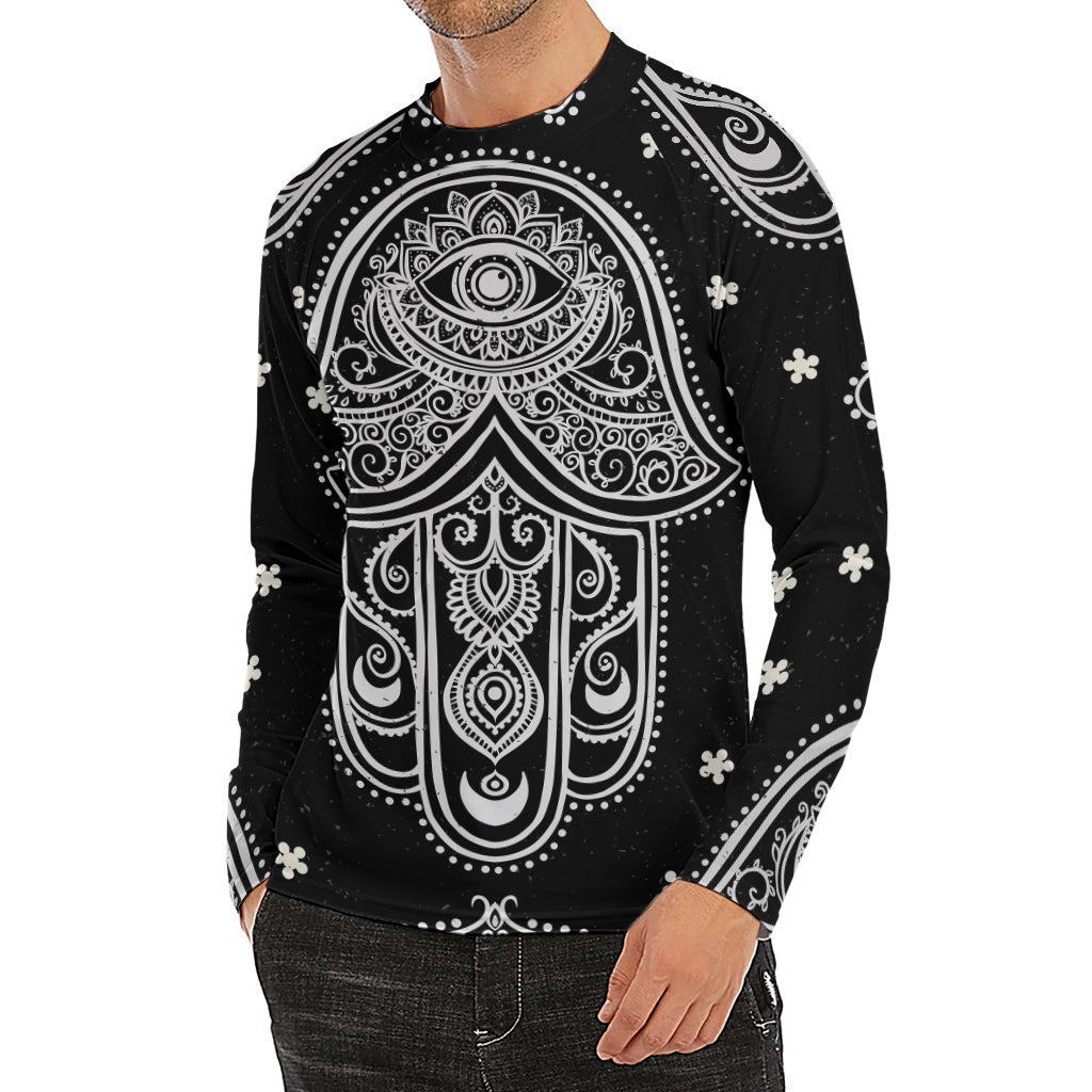 Black And White Hamsa Print Men's Long Sleeve Rash Guard