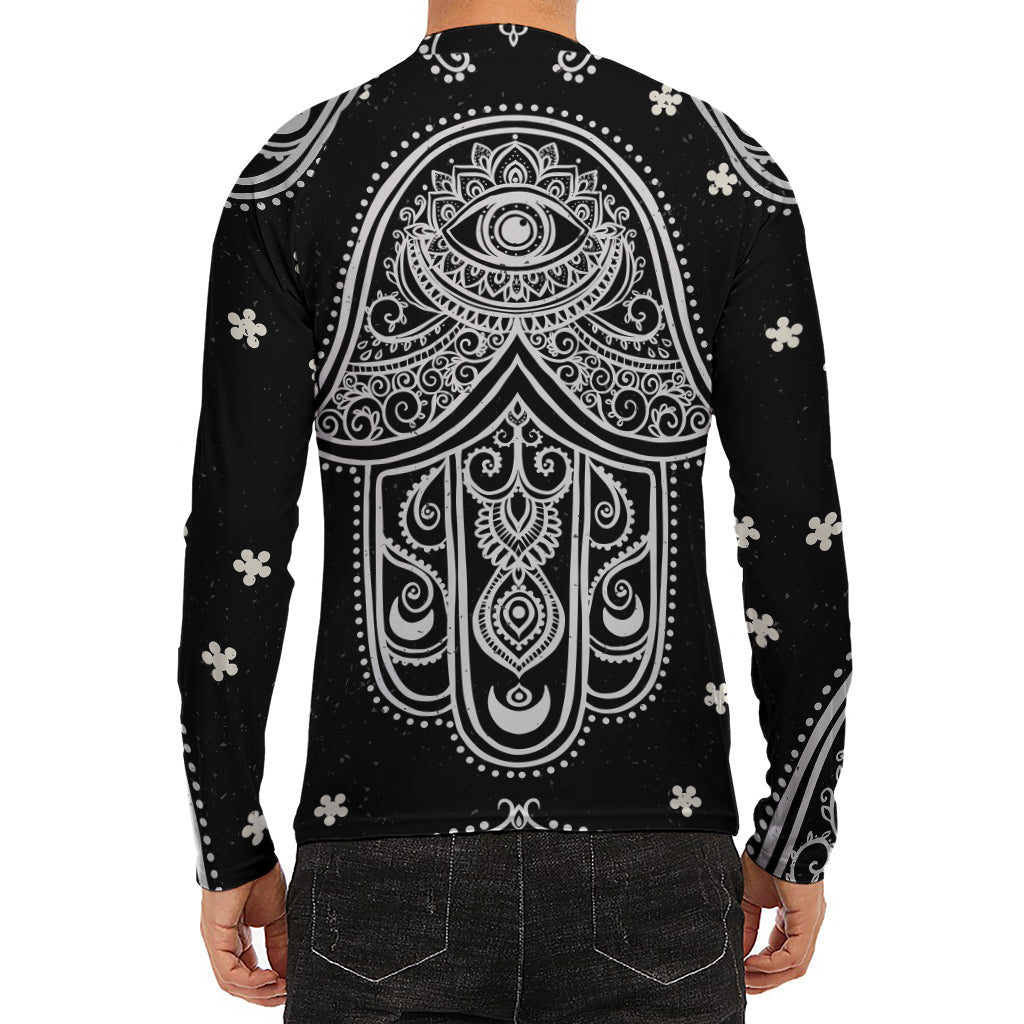 Black And White Hamsa Print Men's Long Sleeve Rash Guard