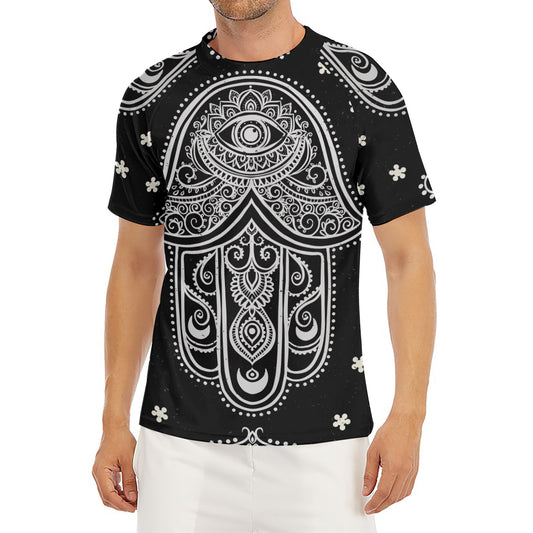 Black And White Hamsa Print Men's Short Sleeve Rash Guard