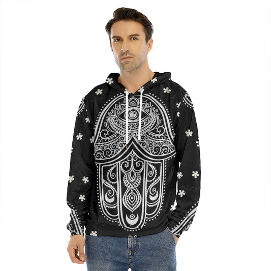 Black And White Hamsa Print Men's Velvet Pullover Hoodie