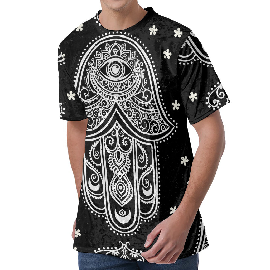 Black And White Hamsa Print Men's Velvet T-Shirt