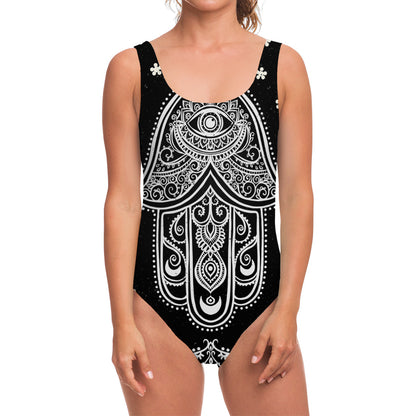 Black And White Hamsa Print One Piece Swimsuit