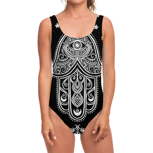 Black And White Hamsa Print One Piece Swimsuit