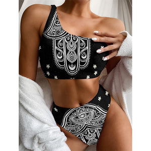 Black And White Hamsa Print One Shoulder Bikini Top