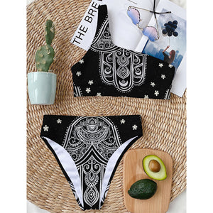 Black And White Hamsa Print One Shoulder Bikini Top