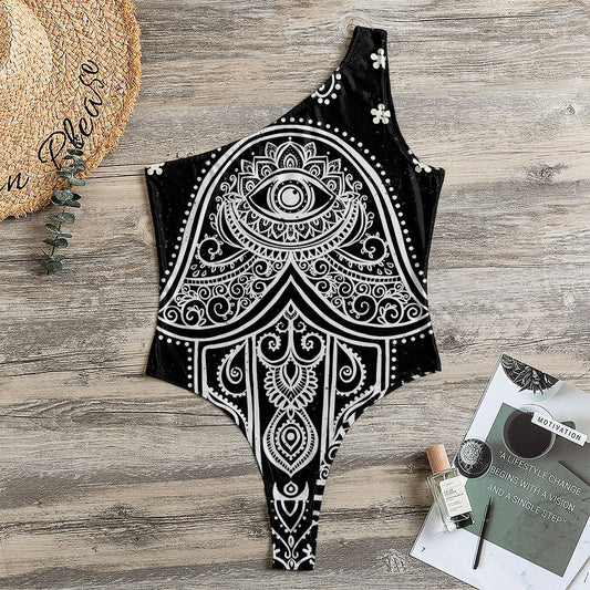 Black And White Hamsa Print One Shoulder Bodysuit