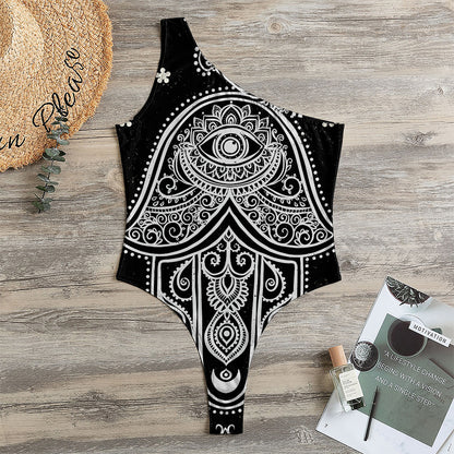 Black And White Hamsa Print One Shoulder Bodysuit